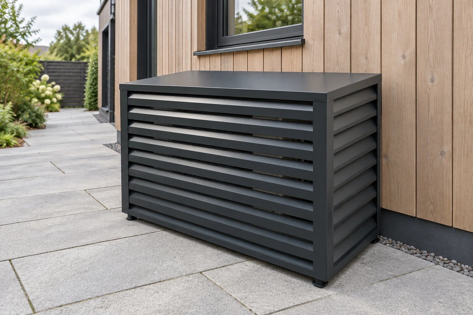 Charcoal air conditioner cover with visible front and side louvre gaps beside timber cladding.