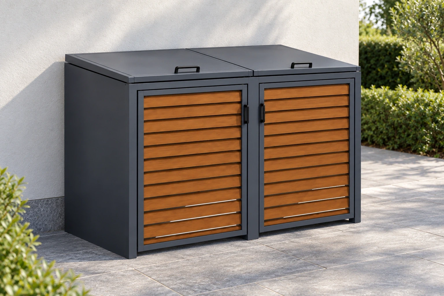 Two-bay bin enclosure with wood-grain slatted doors and charcoal frame beside a pale wall