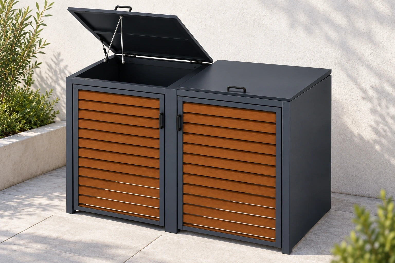 Close view of a double-bin enclosure with one lid raised above wood-grain doors