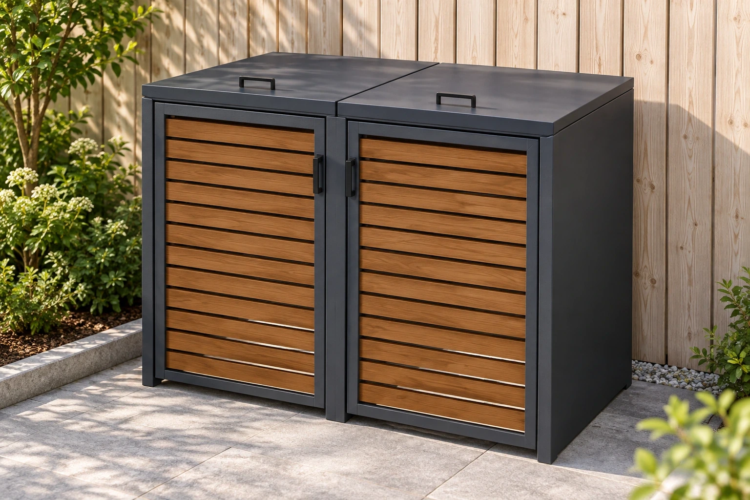 Two-compartment bin enclosure with wood-grain front slats and charcoal frame along a timber boundary.