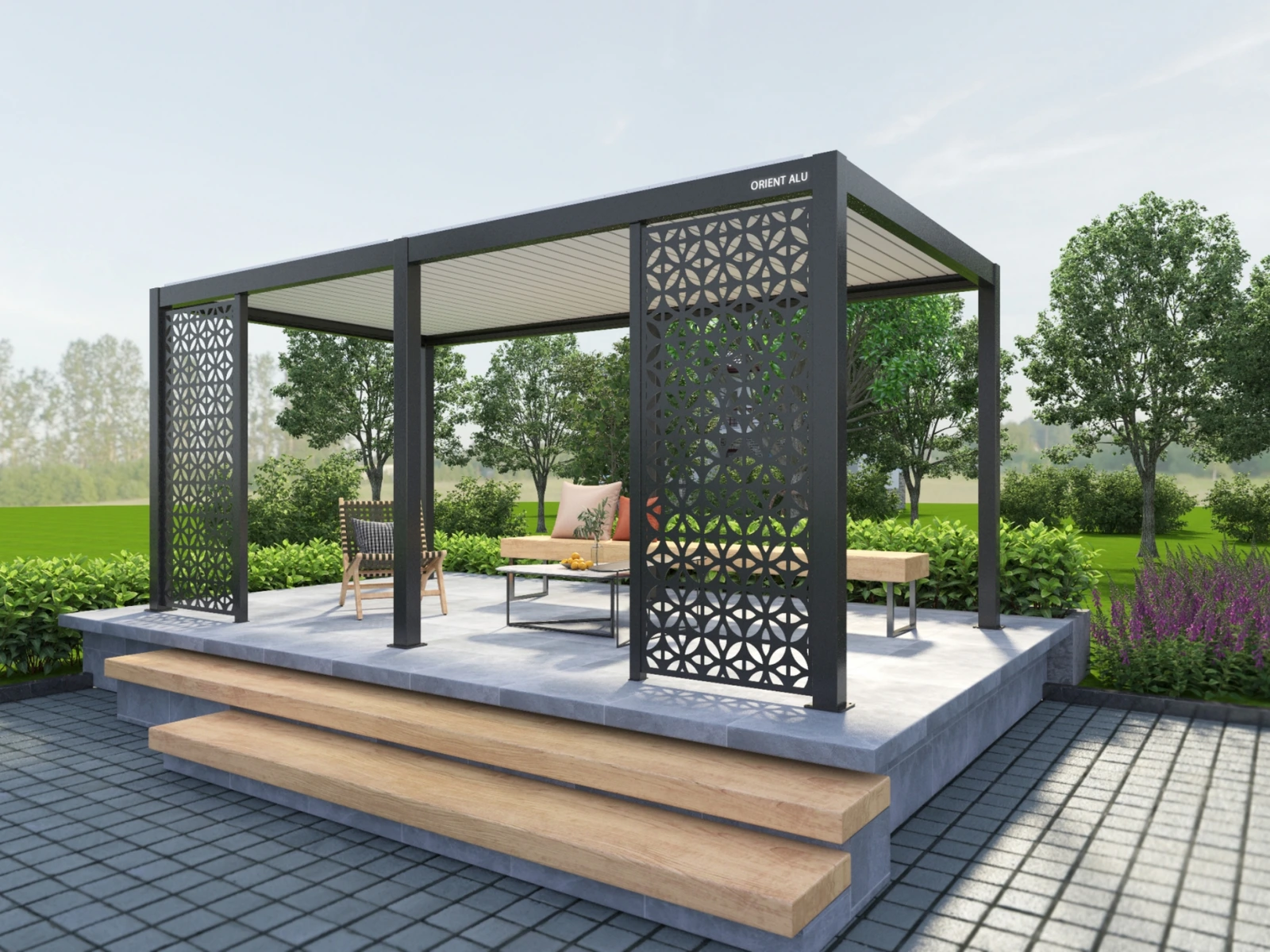 Decorative Screens — geometric decorative screens beside a pergola seating area