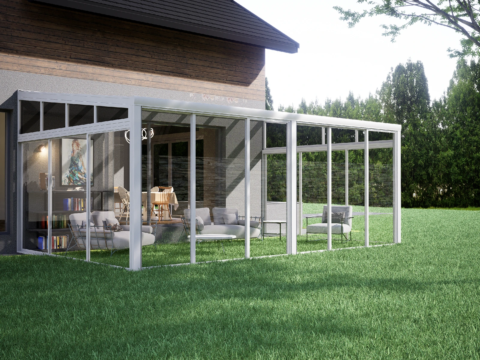 White frame with glazed sides and sliding doors