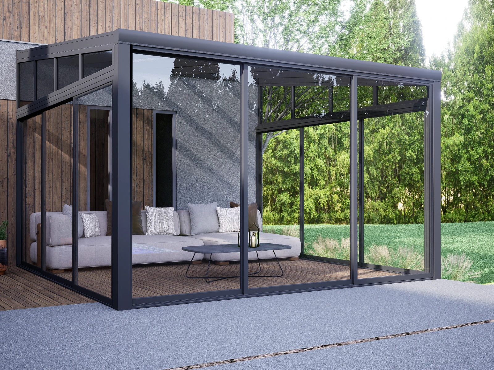 FAL Patio Cover · graphite glazed enclosure beside a timber deck
