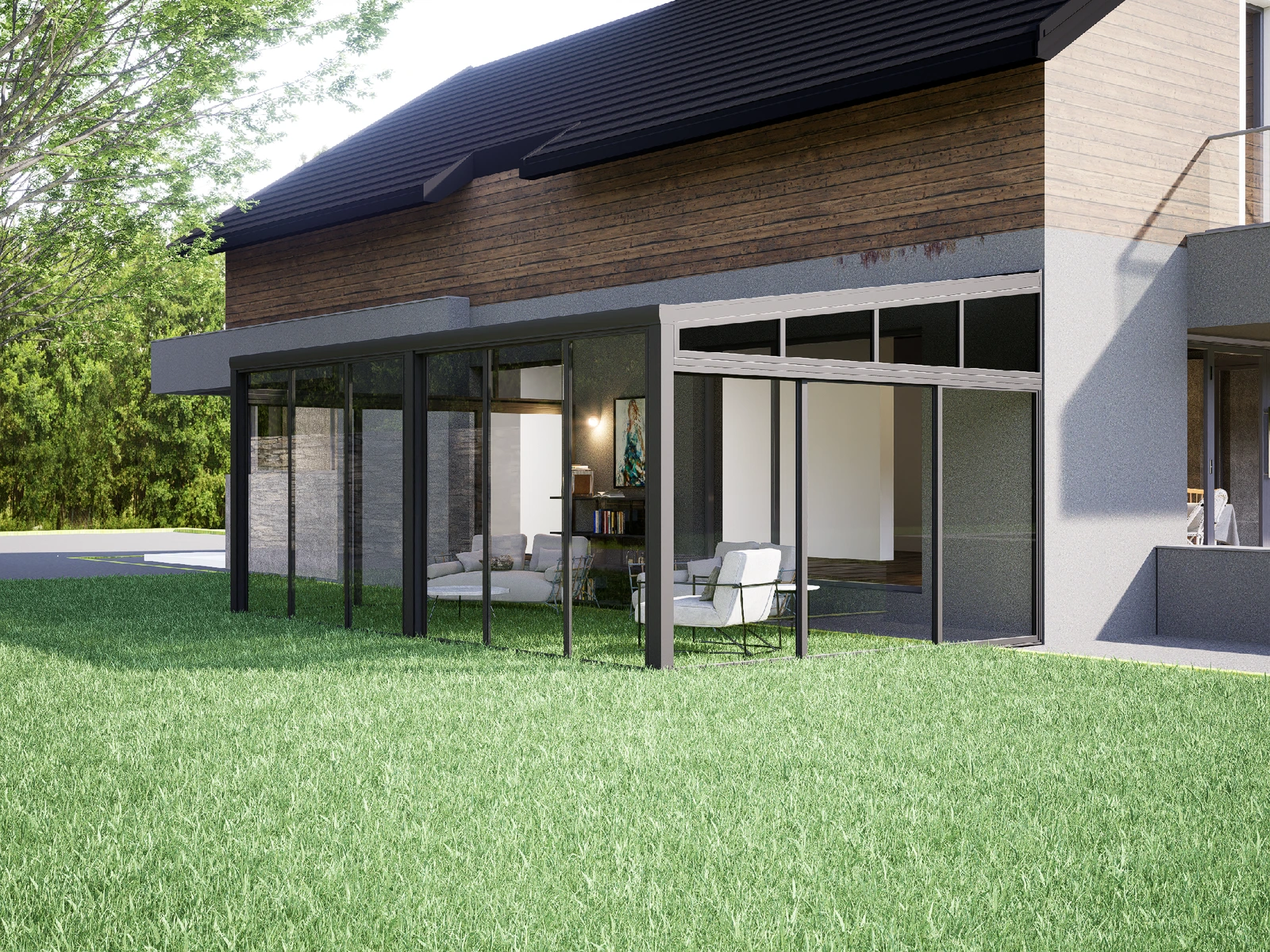 FAL Patio Cover · extended garden-facing glass enclosure