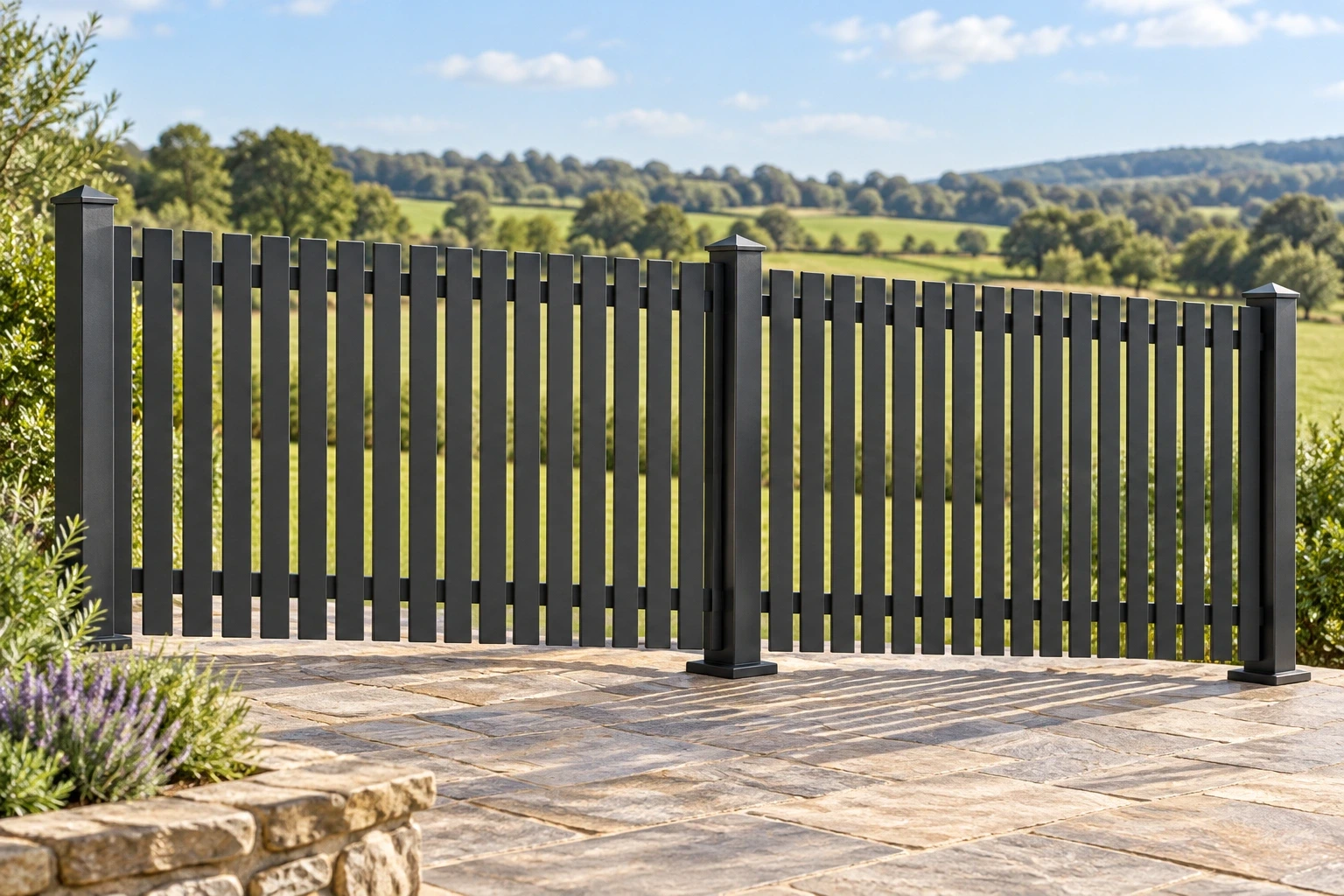 An open vertical-batten fence with square posts along a landscaped terrace.