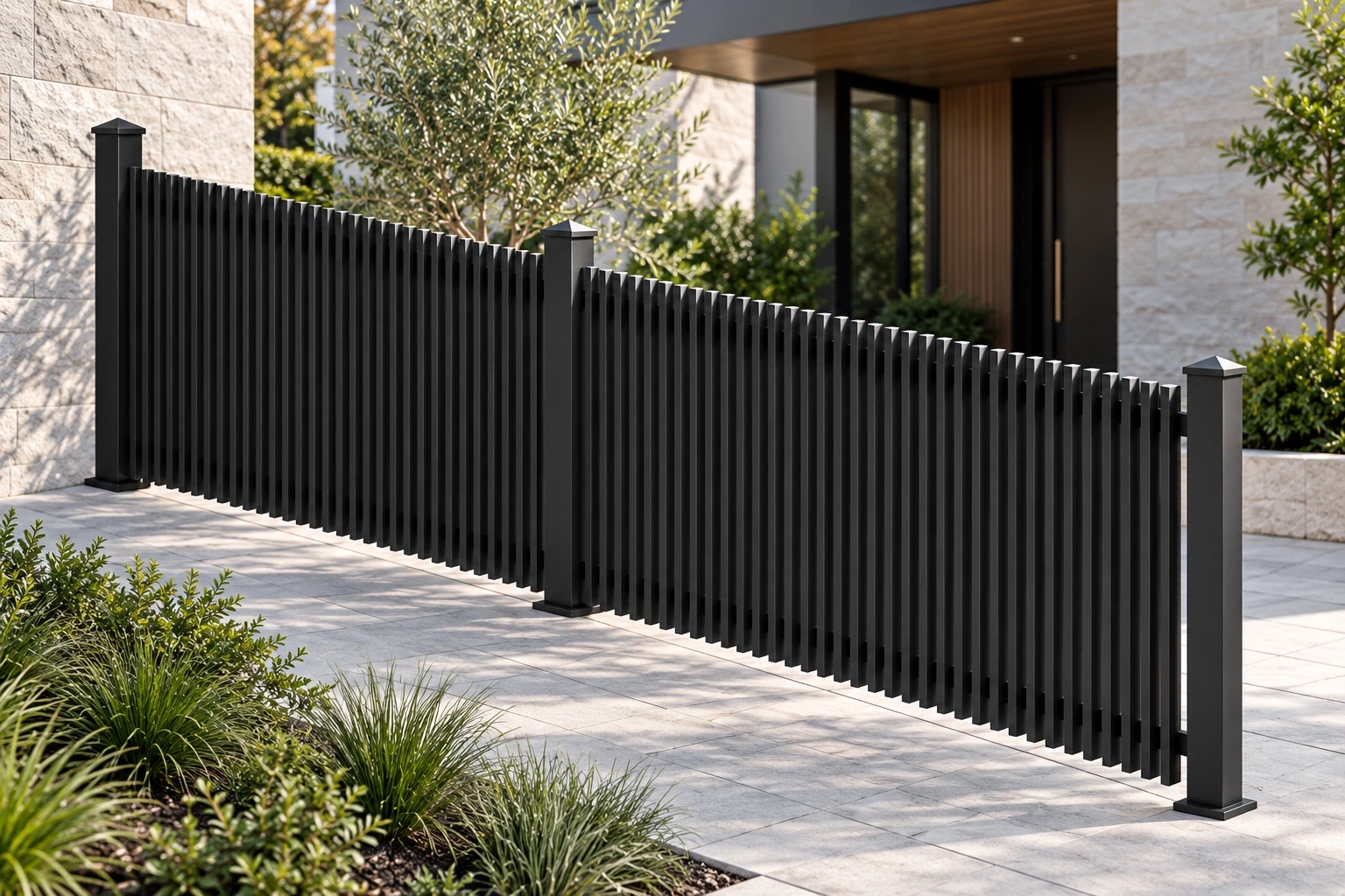 Vertical blade fencing beside a modern entry