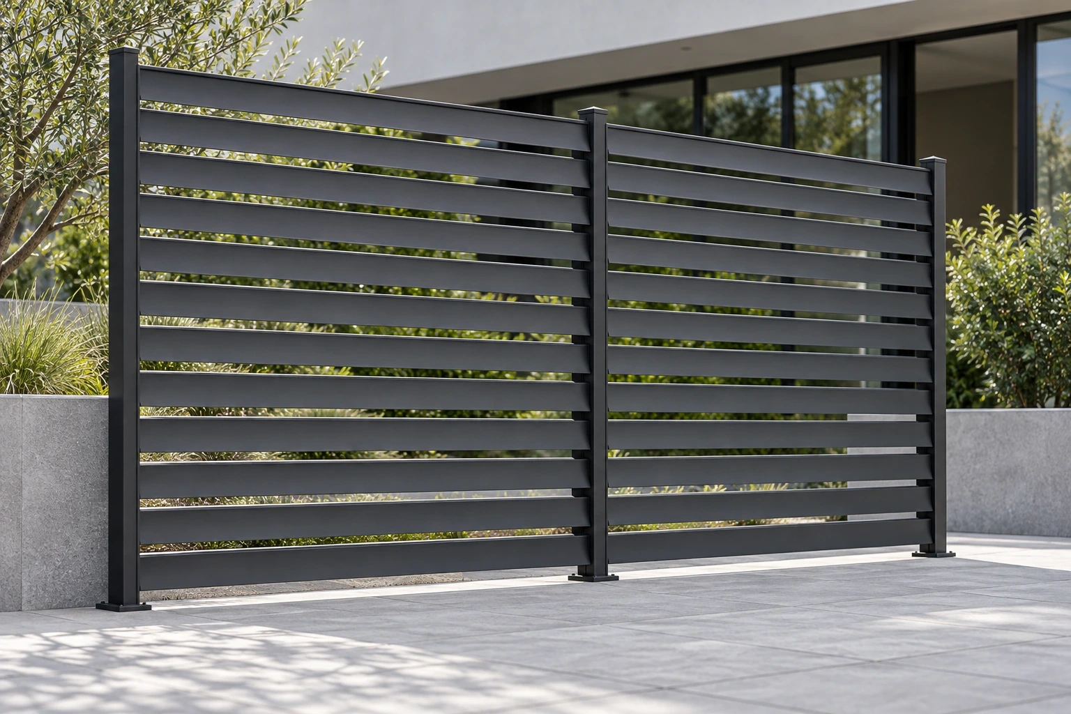 Graphite angled horizontal-blade fence panels with square posts beside a paved courtyard.