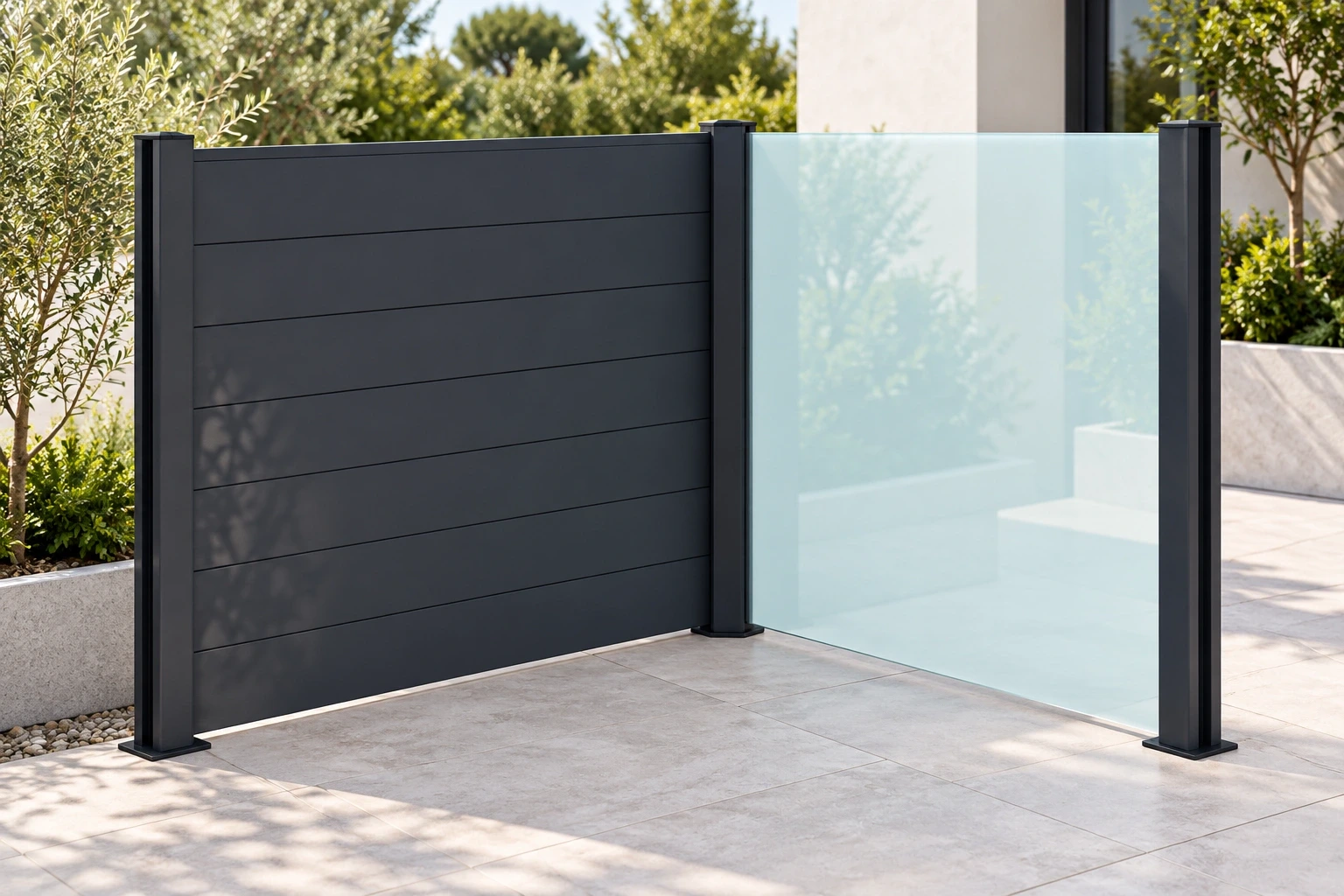 Privacy and glass panels at a courtyard corner
