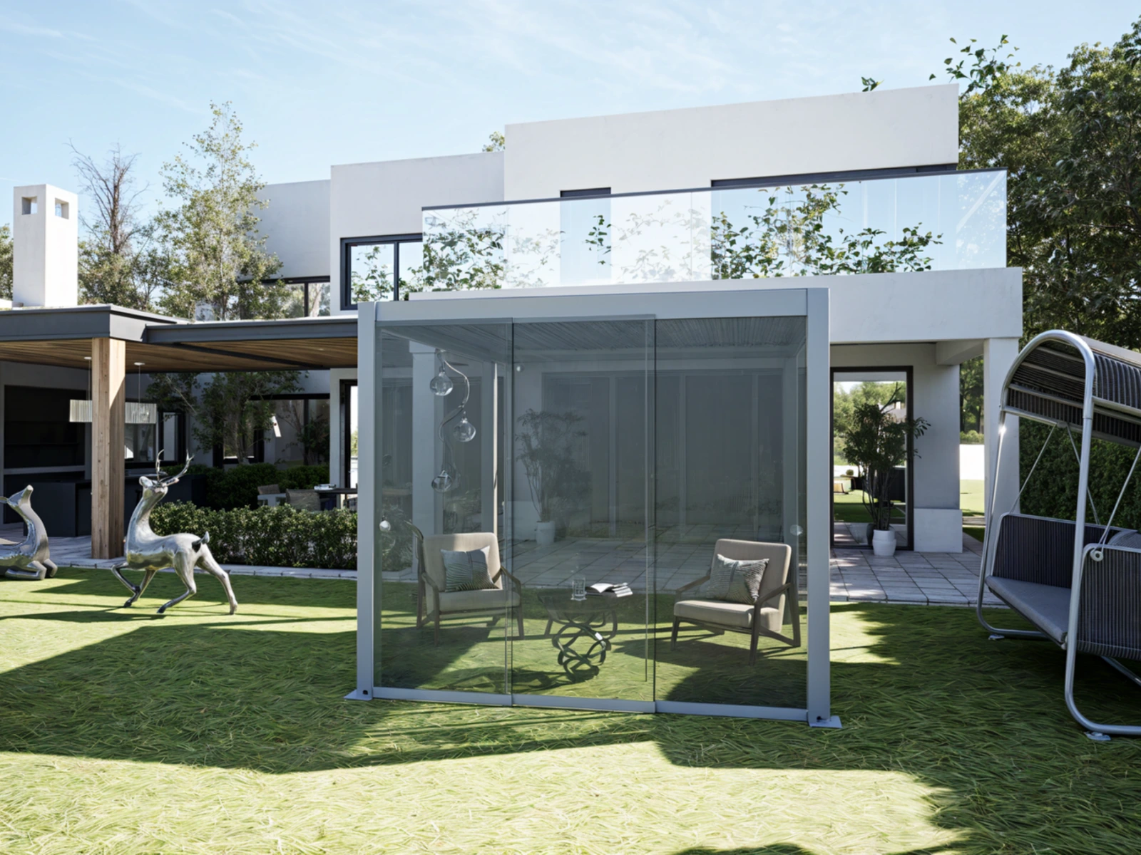 Frameless Sliding Glass Doors — minimal glass enclosure facing a garden