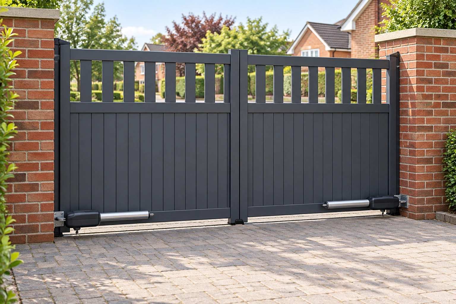A graphite double swing gate with closed vertical lower boards, open upper pickets and two low-mounted motor arms between brick piers.