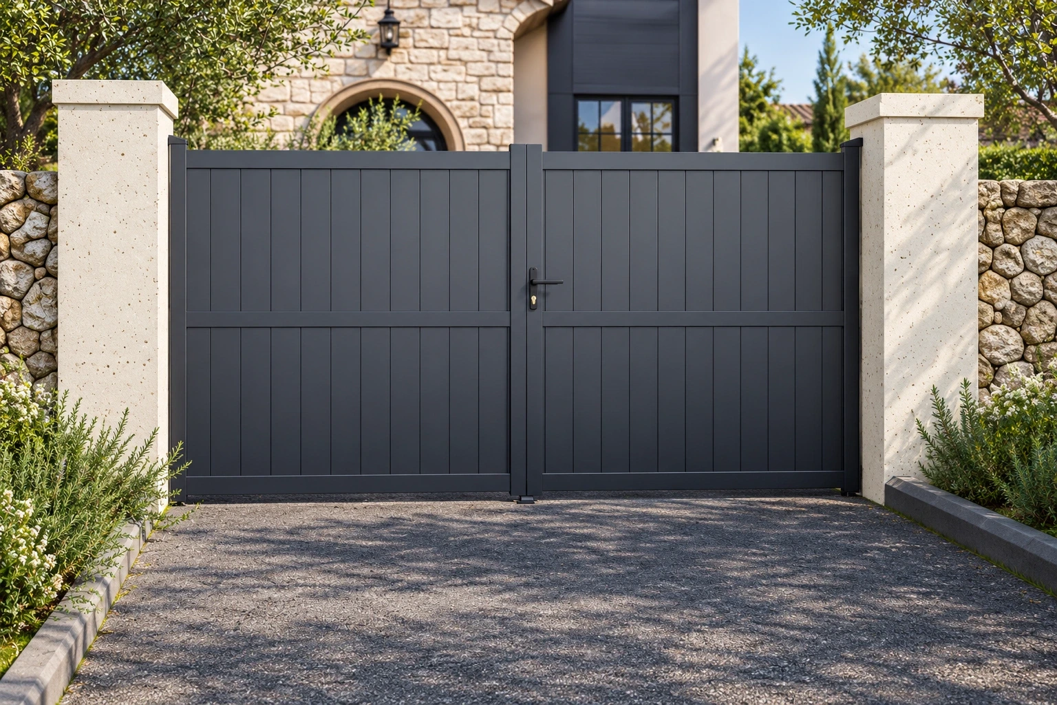 Paired swing gates at a driveway entrance
