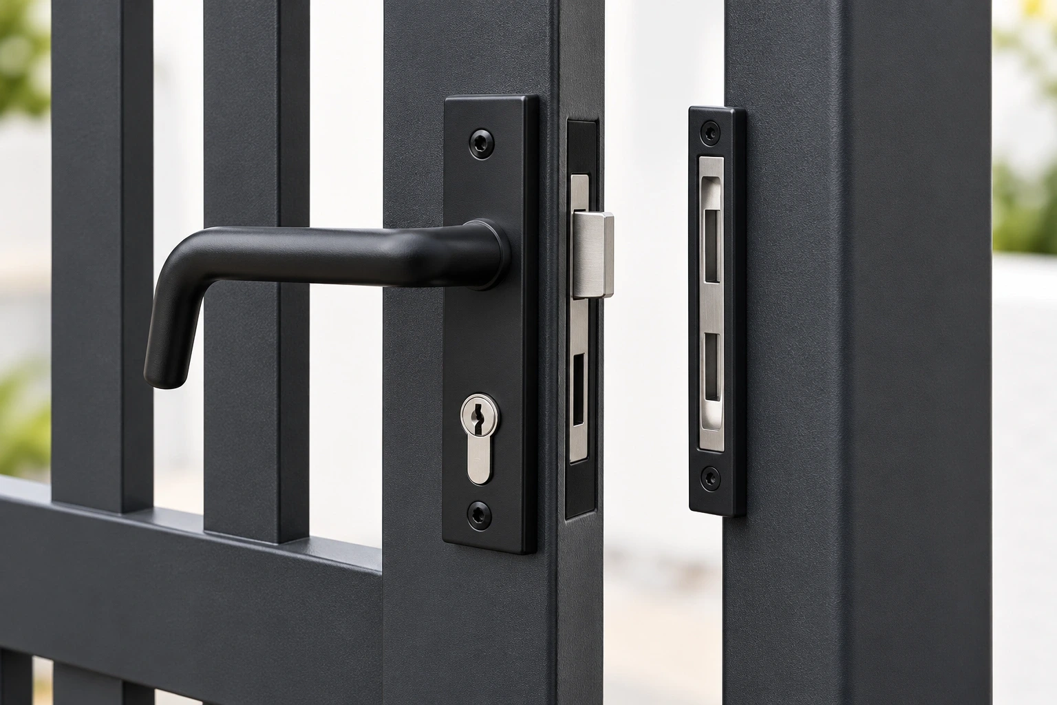 Lever handle and keeper at a gate edge