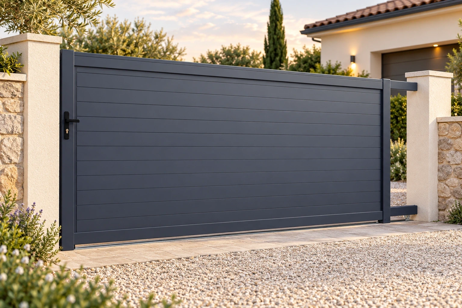 A single graphite horizontal-board sliding gate with visible lower track and rear rail extensions beside a garden boundary.