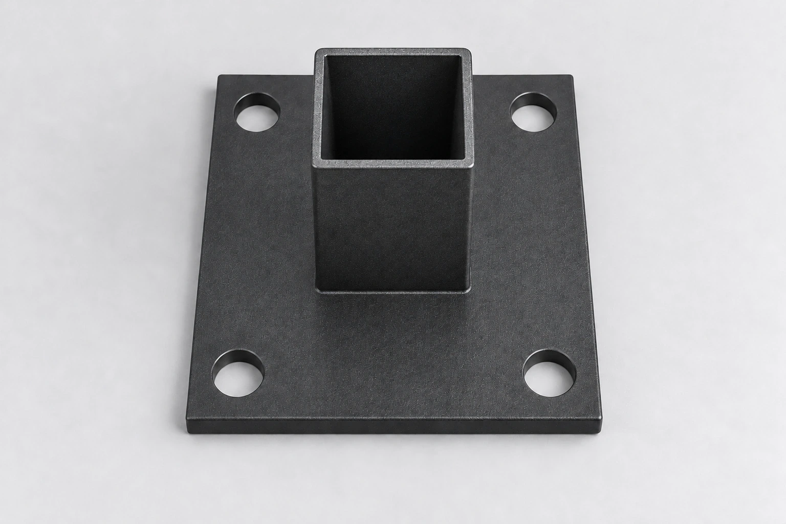 Hollow square aluminium tube aligned with the edges of its four-hole mounting flange