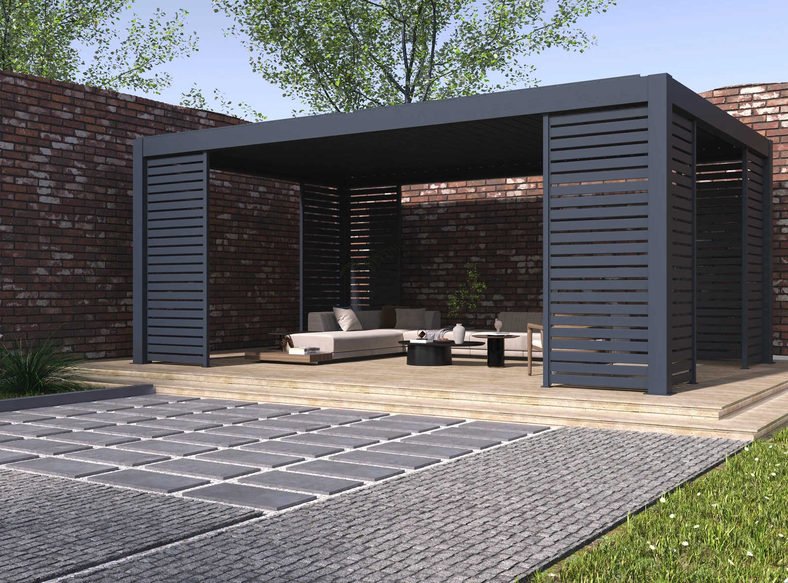 Pergola Model 200 · lounge layout with slatted privacy screens