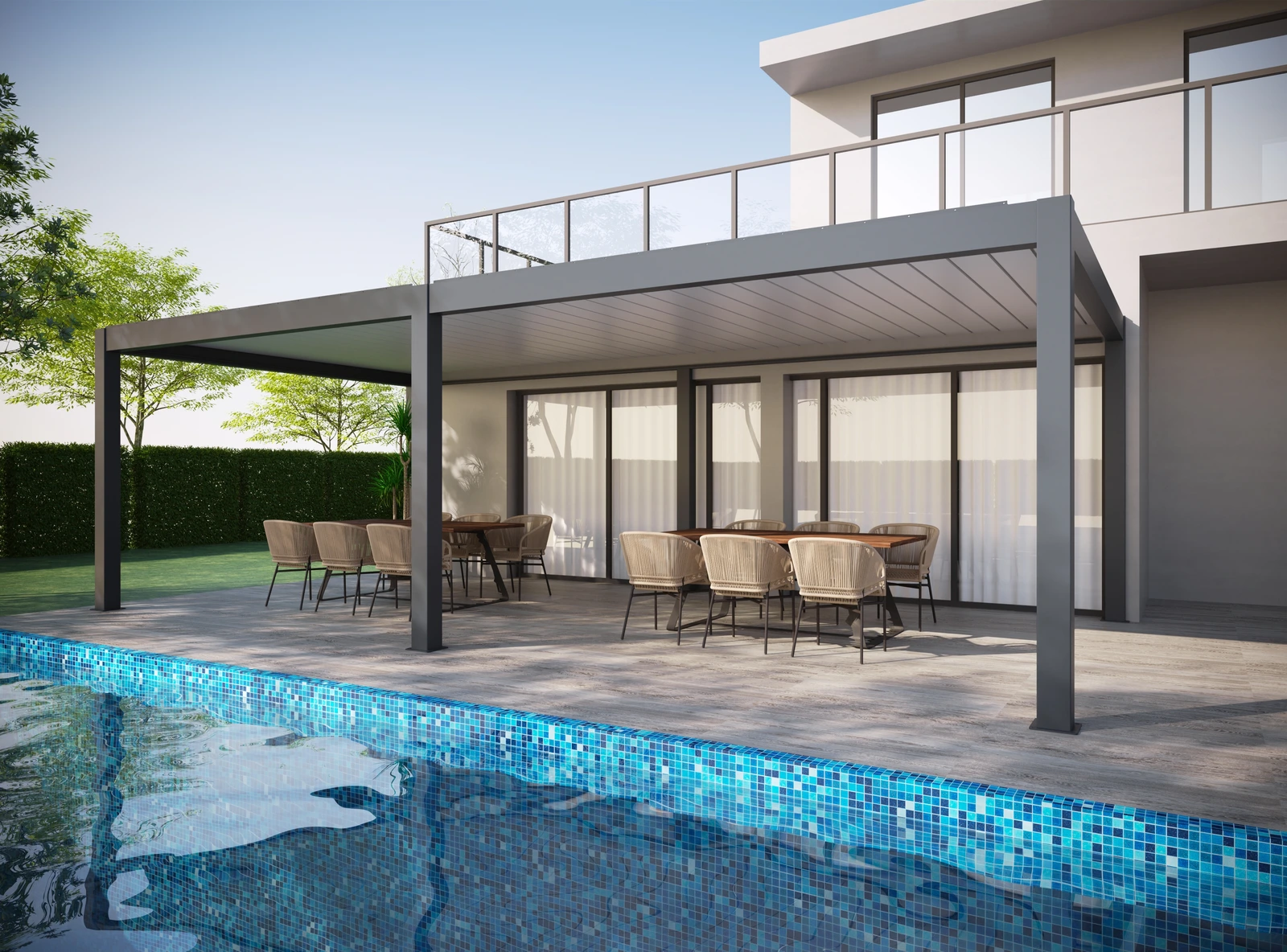 Pergola Model 200 · poolside outdoor dining