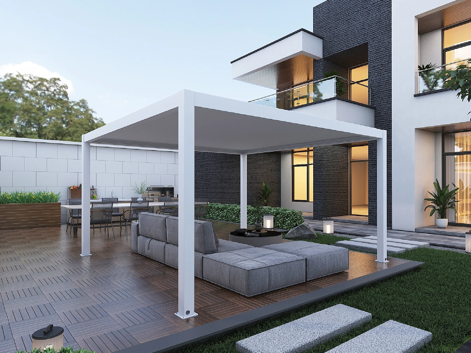 White pergola over a garden lounge