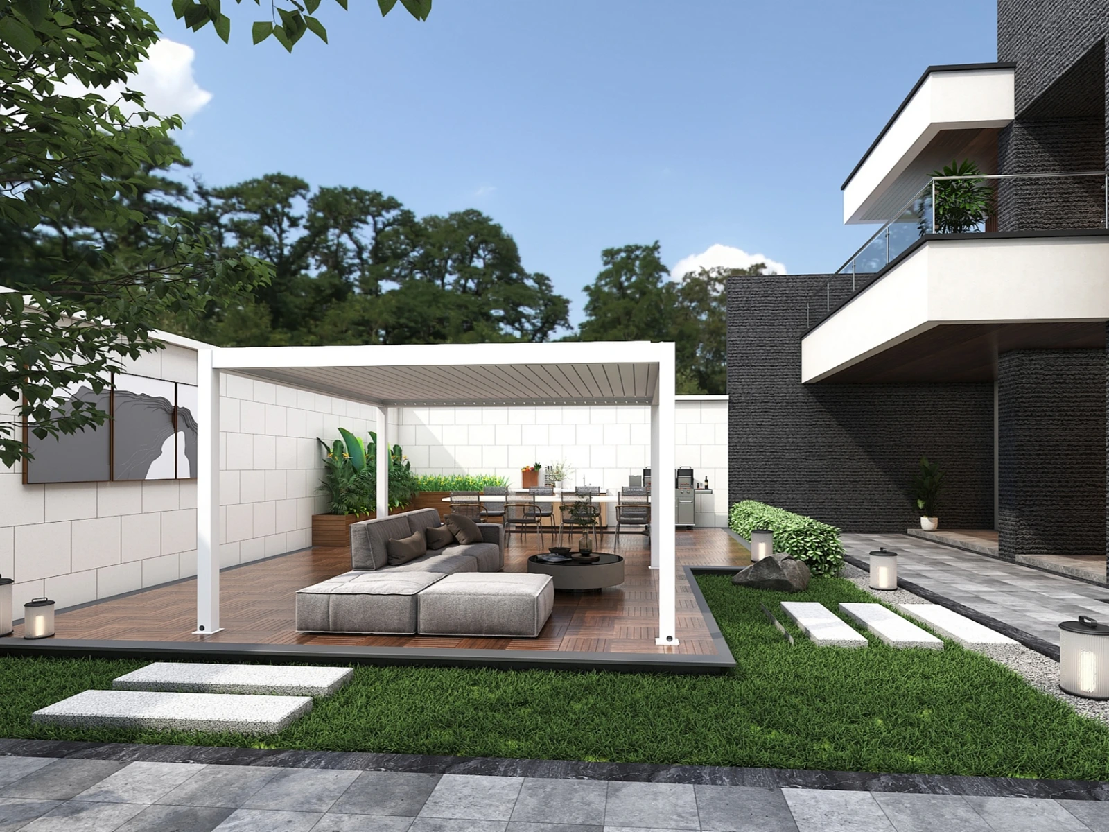 White pergola in a contemporary courtyard