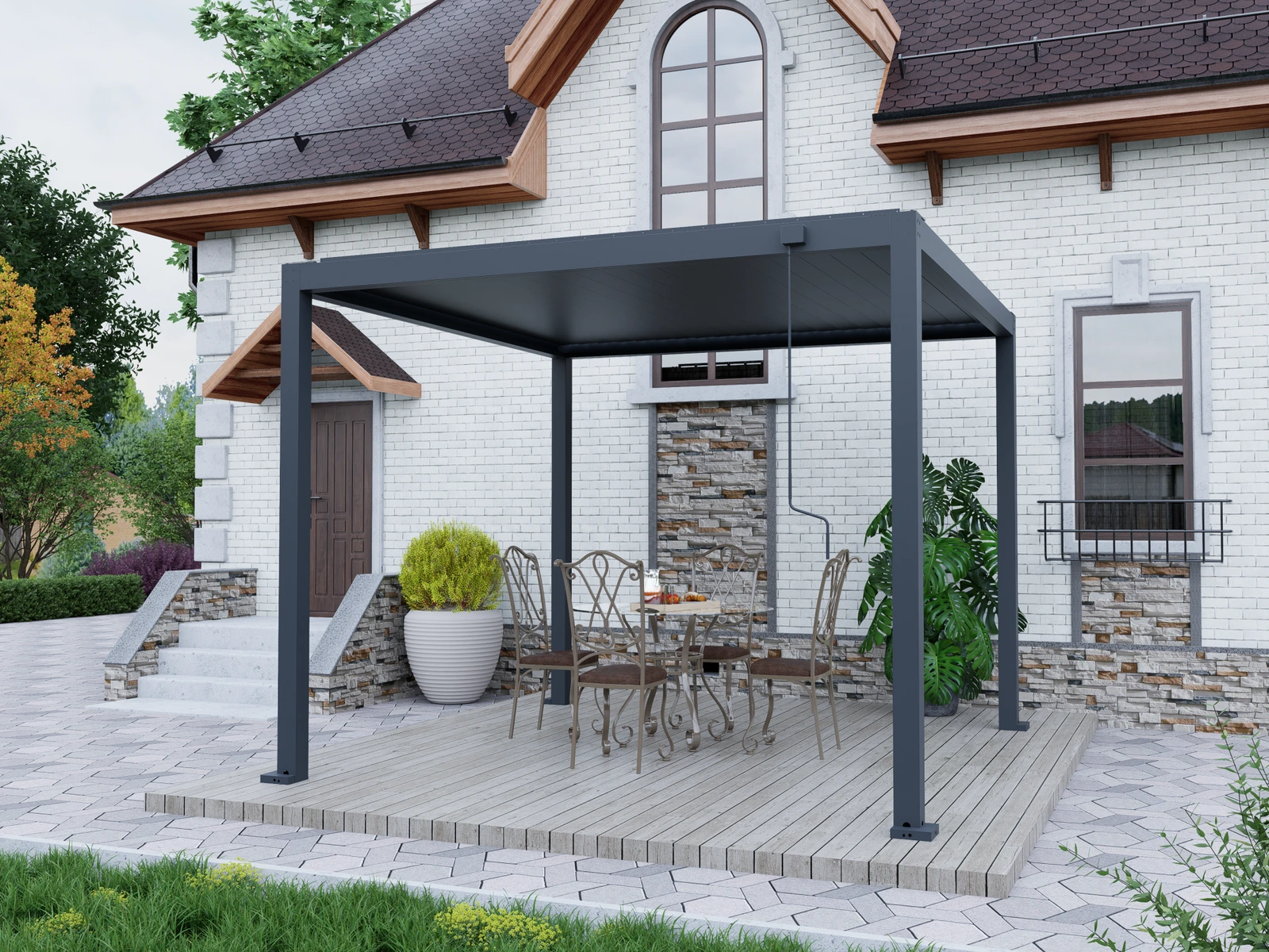 Full Steel Pergola · Model 8 · courtyard dining beside a brick house