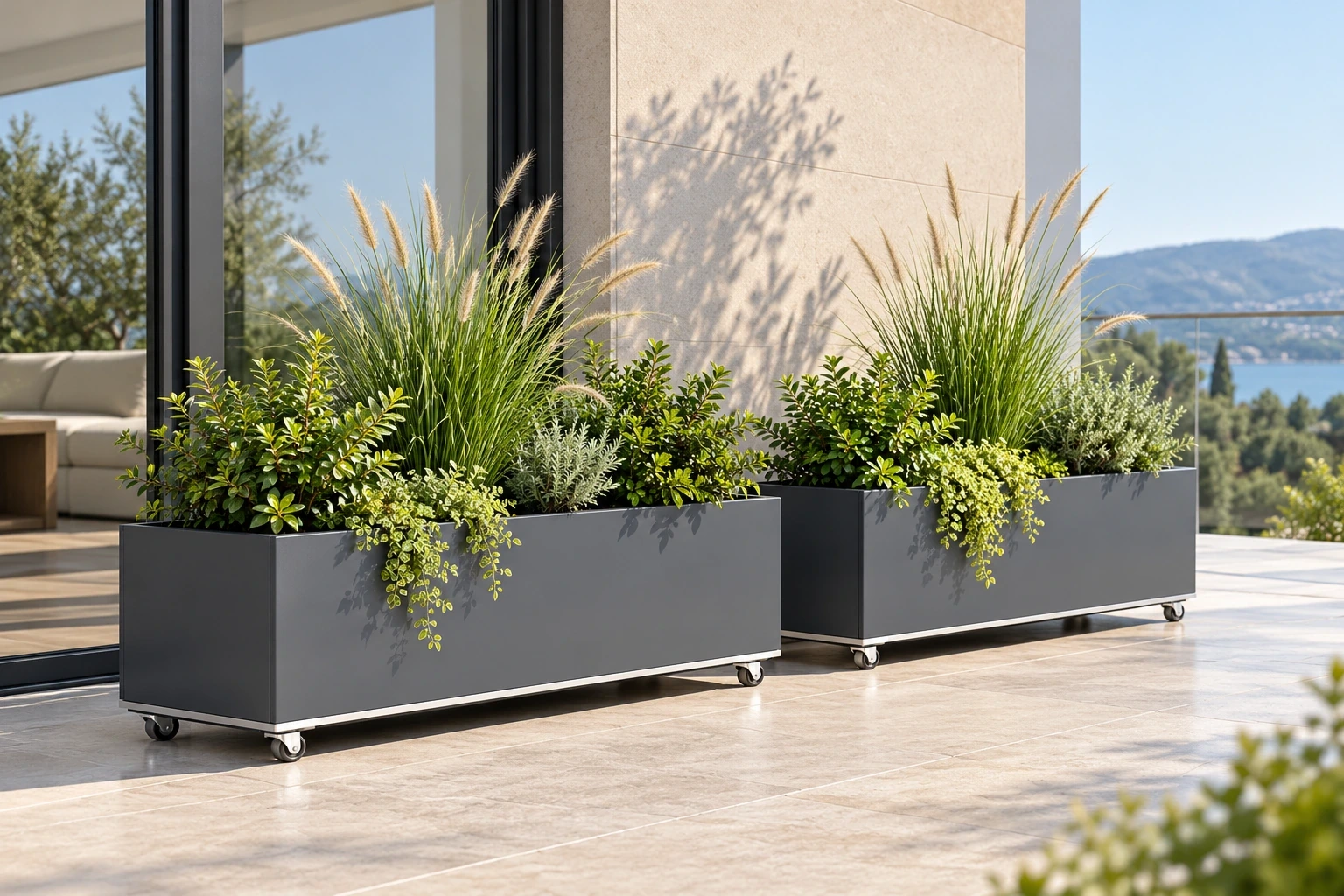 Two charcoal metal plate planters with small casters and restrained green planting on a stone terrace
