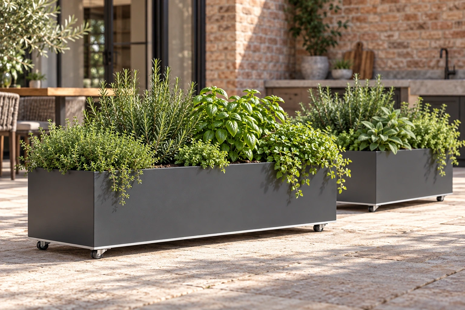 Low smooth charcoal plate planters on small castors holding herbs in a brick courtyard.