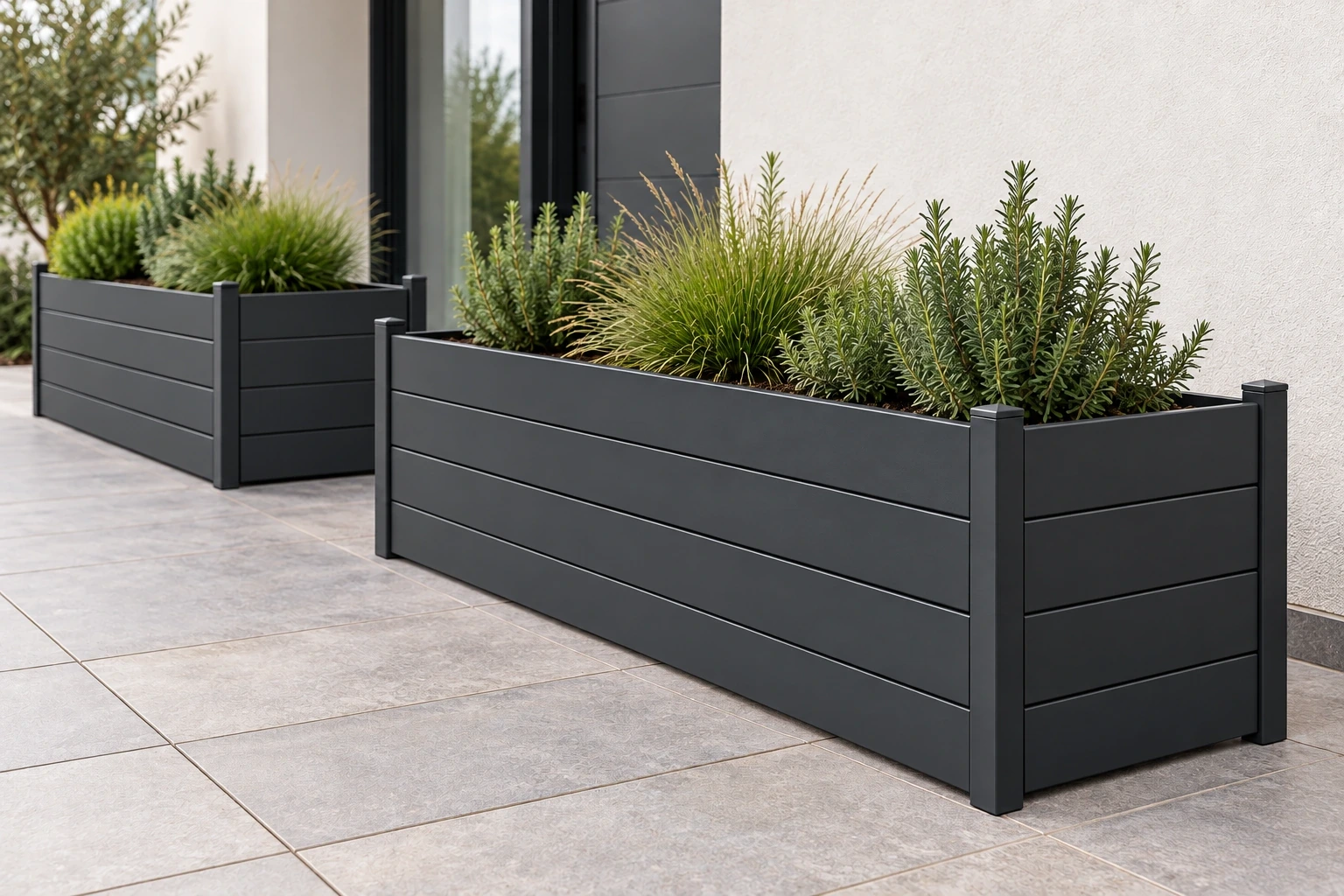 Two assembled aluminium profile planters with horizontal wall bands at a paved entrance.