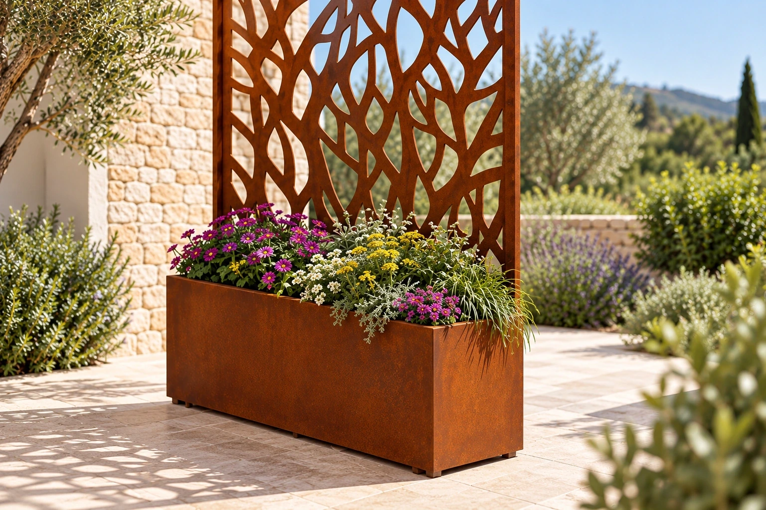 Close view of a rust-toned cut-pattern screen rising behind a planted metal box