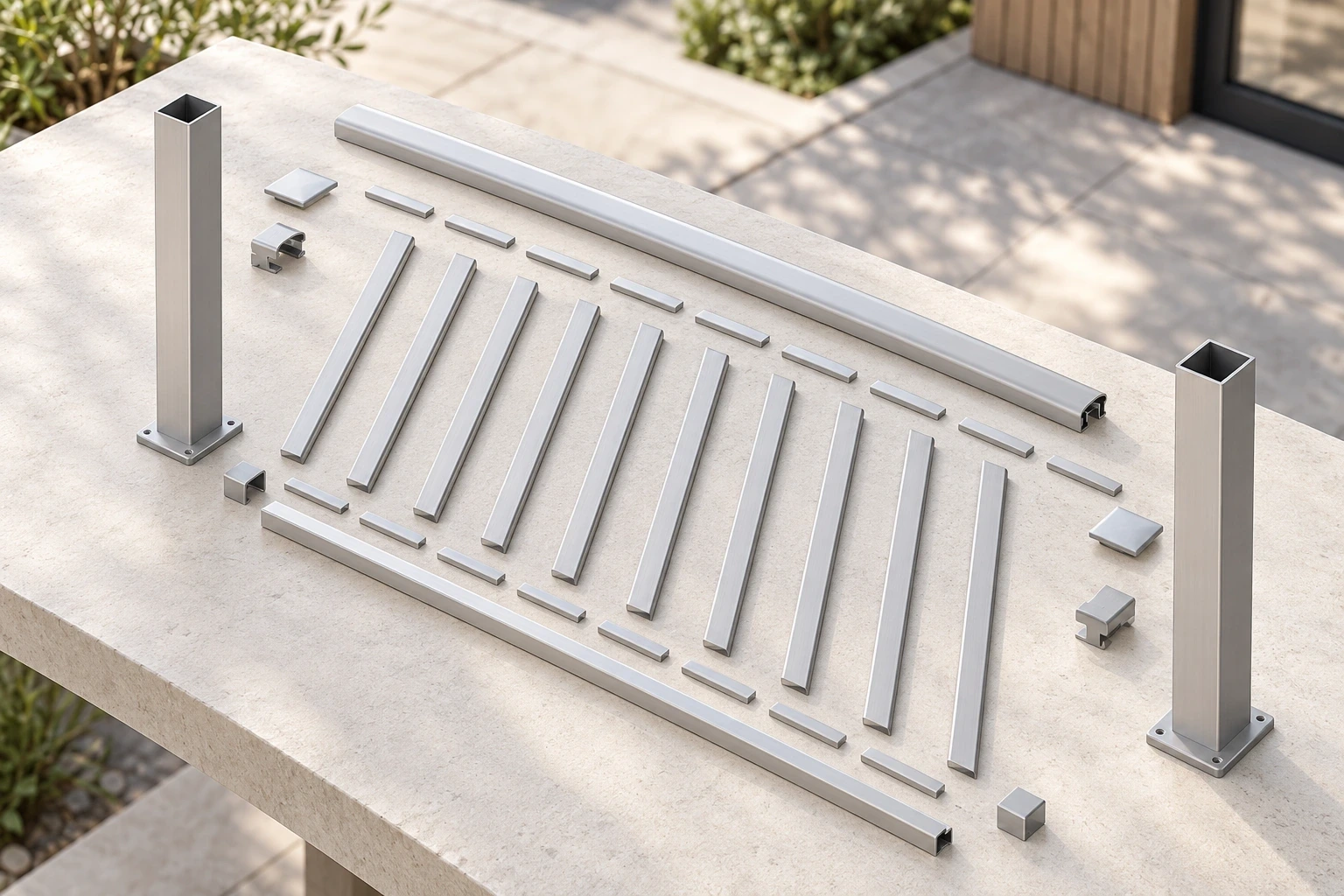 Silver aluminium posts, rails, pickets, covers and caps arranged on a clean work surface.