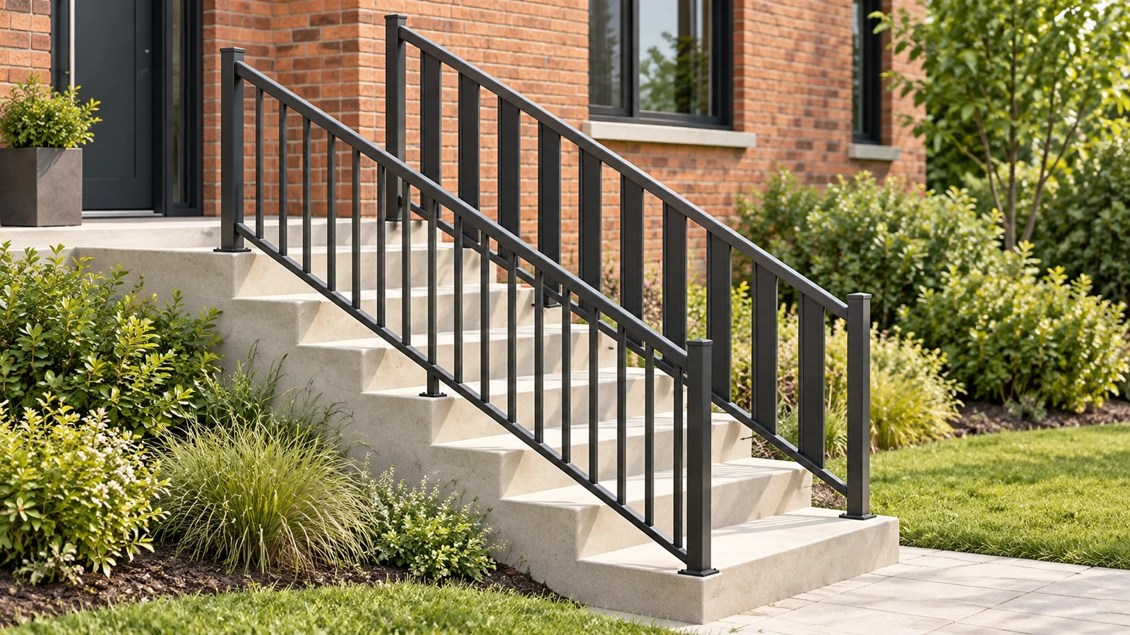Graphite picket railings following both sides of straight stone garden steps beside a red-brick house.