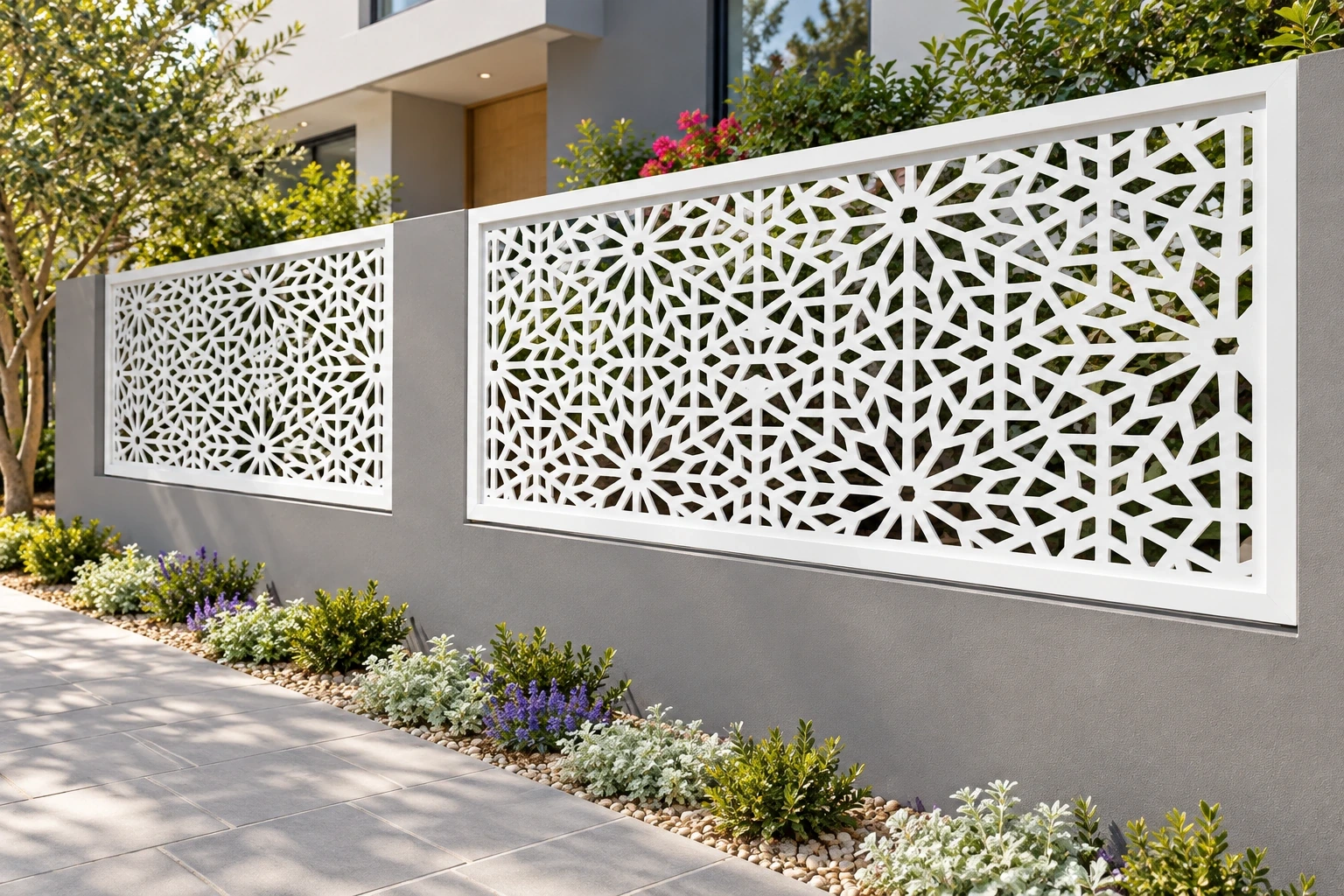 White geometric decorative panels set above a low warm-grey masonry wall.