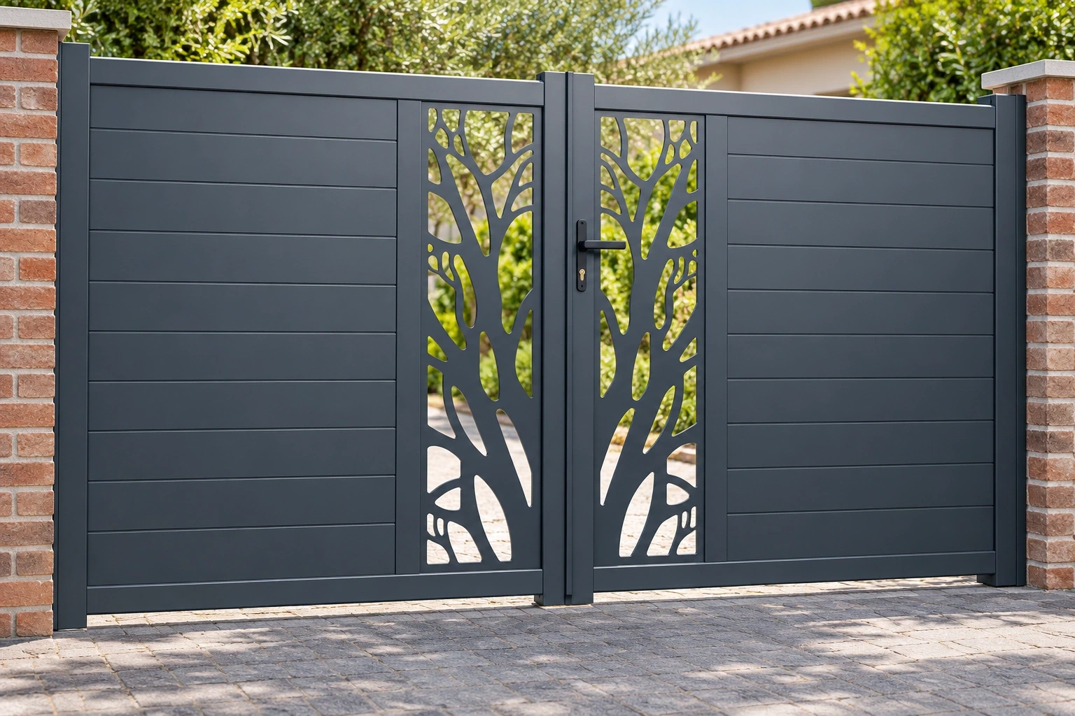 Charcoal double-leaf gate with central tree-pattern inserts and closed horizontal outer panels.