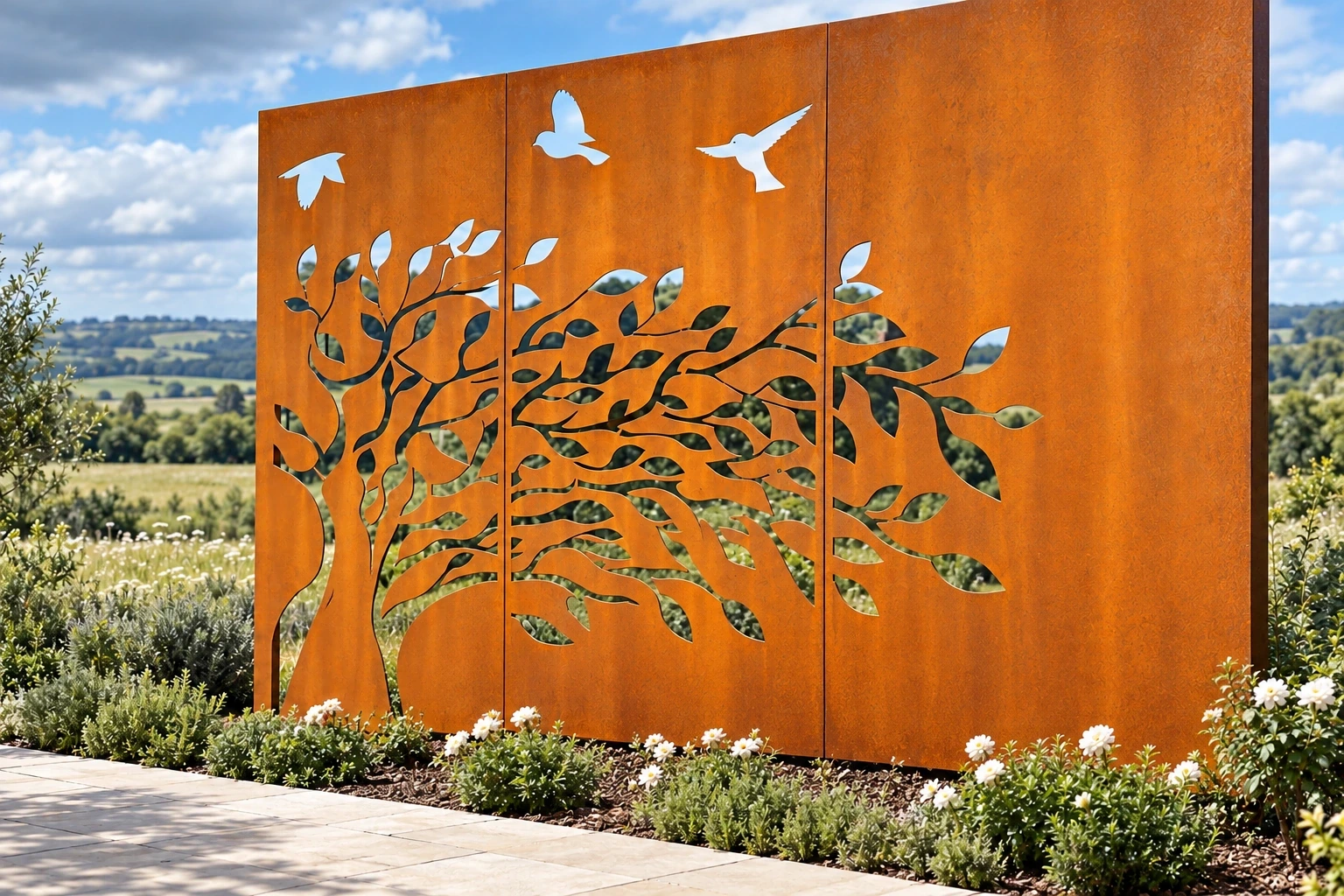 Rust-patina screen with branches and three birds beside a stone garden walkway.