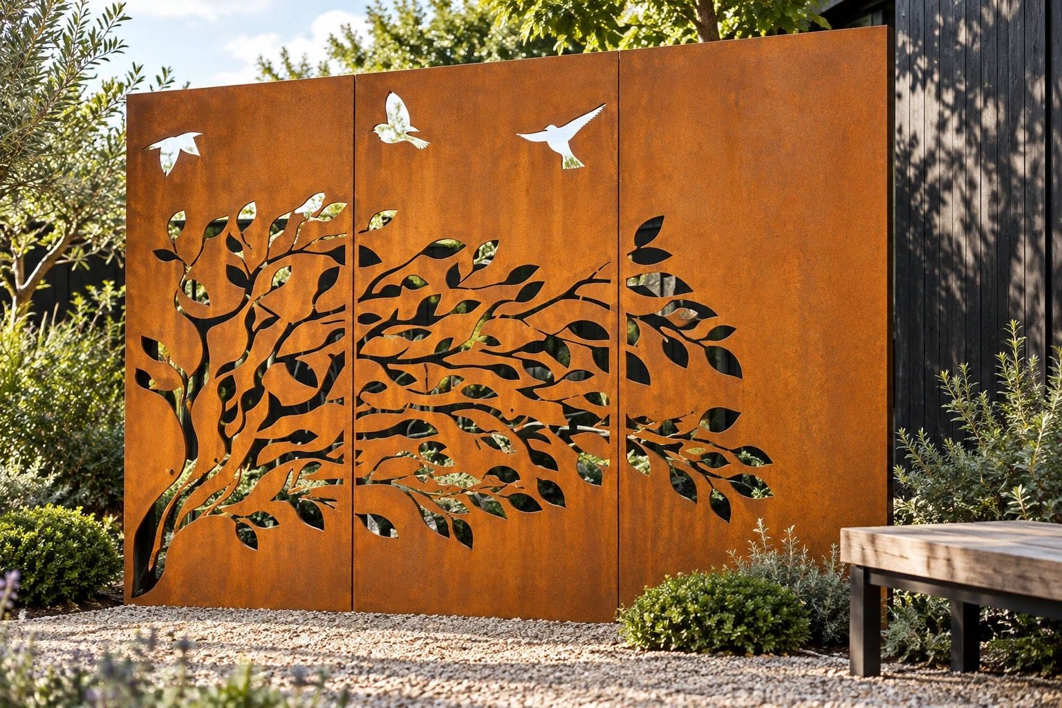 Three rust-toned Corten panels with a continuous branch pattern and three bird cutouts in a gravel court.