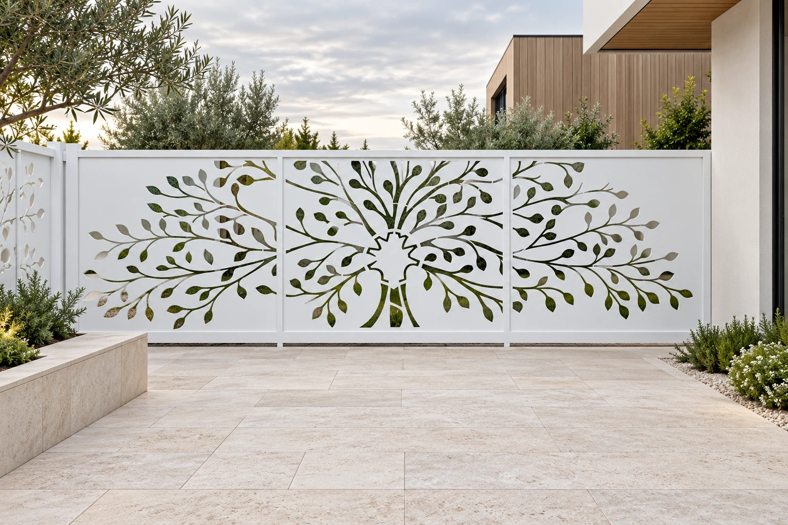 White-finished botanical stainless steel screen enclosing a pale stone courtyard