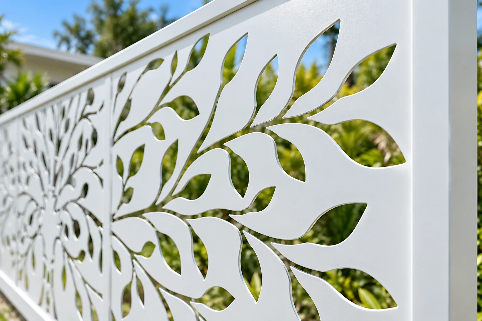 White-coated metal screen with leaf-shaped openings and a slim frame in close view