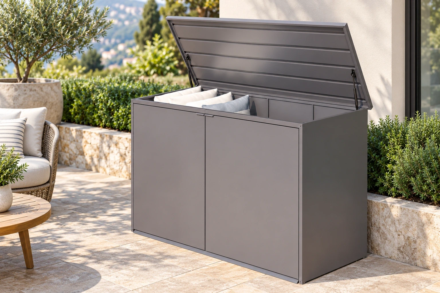 Open grey storage chest with a ribbed lid, side supports and neatly arranged cushions