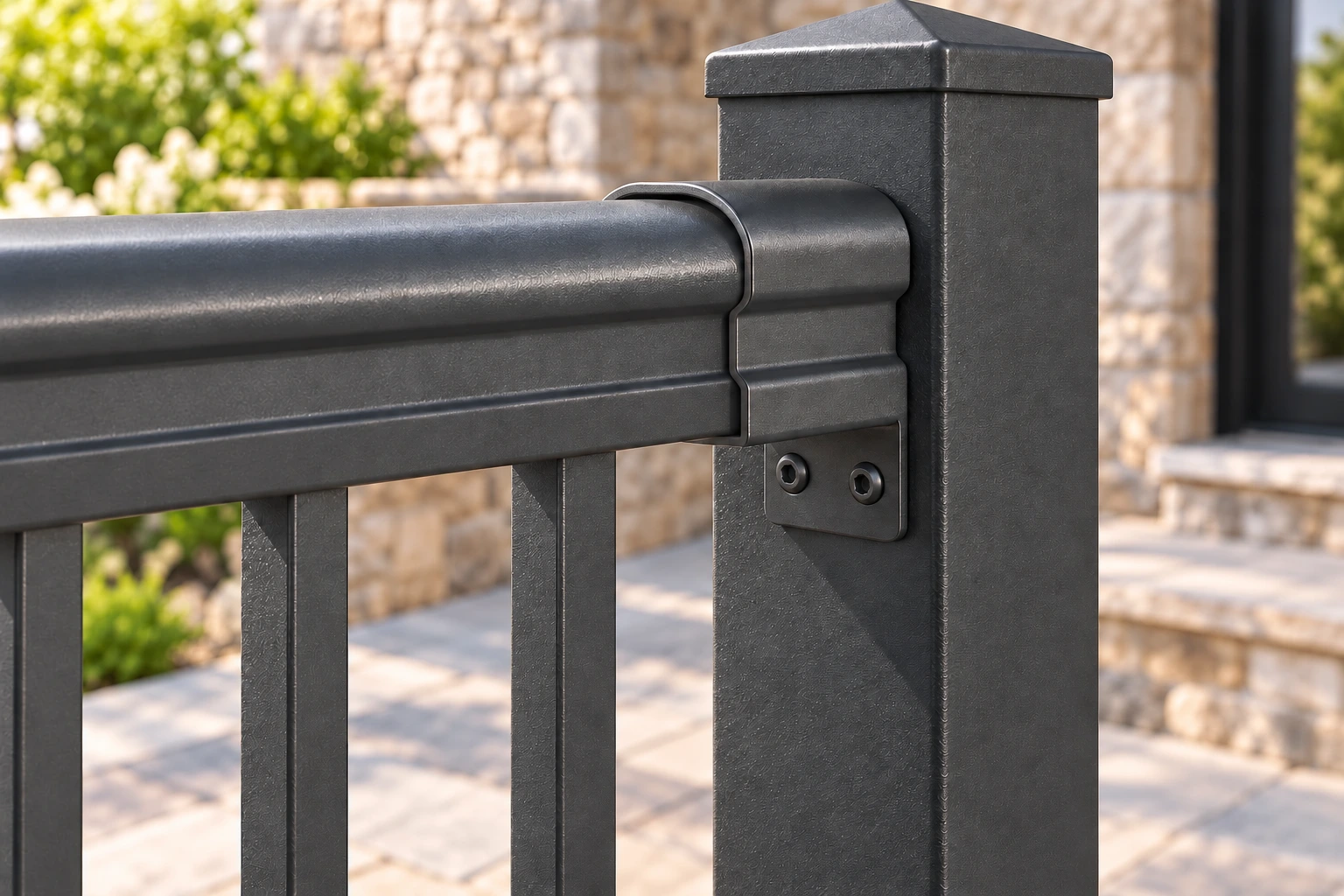 Profiled top rail bracket secured to a charcoal square post with two matching internal hex socket self-tapping screws